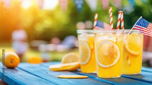 Refreshing lemonade with lemon slices and American flags, perfect for summer gatherings. , Summer drink concept and American flag. photo