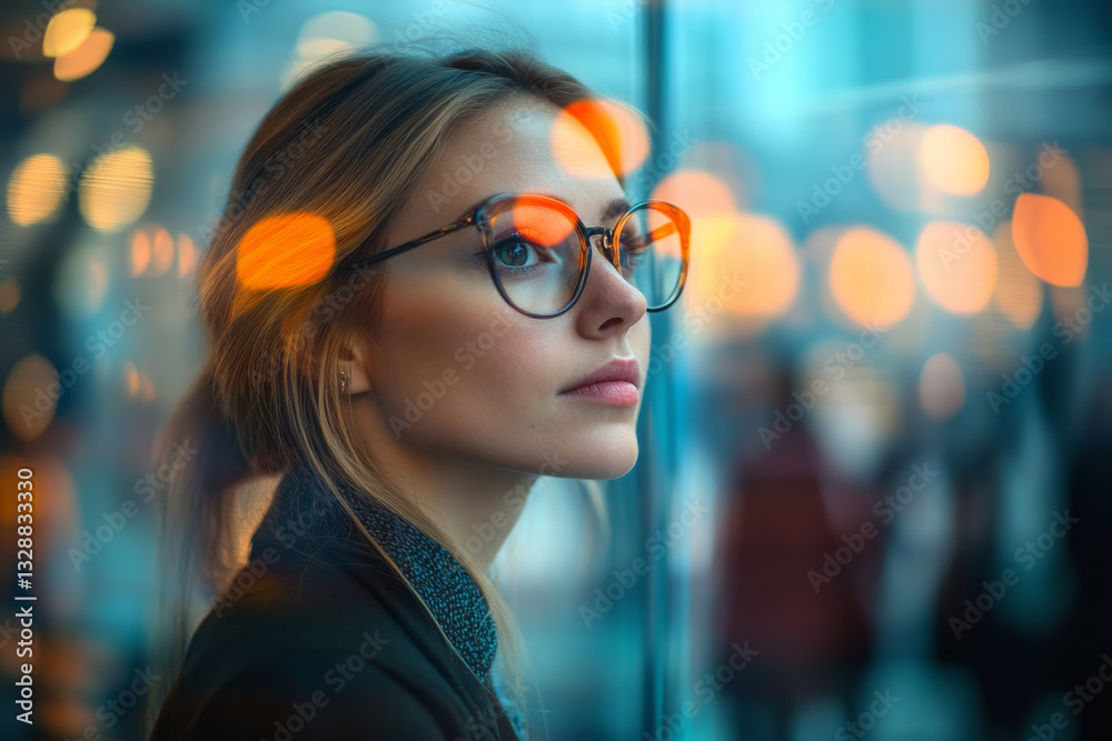 thoughtful woman with glasses gazes through window at night thoughtful woman with glasses gazes through window at night
