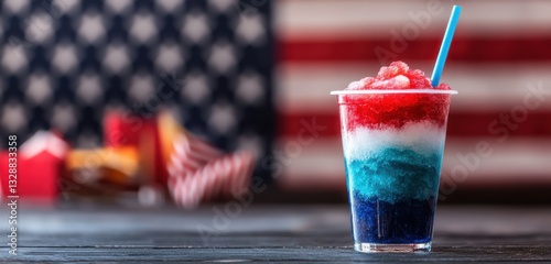 Colorful snow cone in a cup with a backdrop of an American flag. , Summer drink concept and American flag.