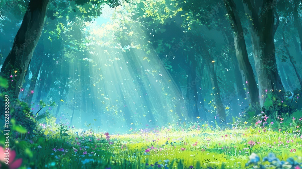Fototapeta premium Anime background showing a magical forest with tall trees and vibrant green grass