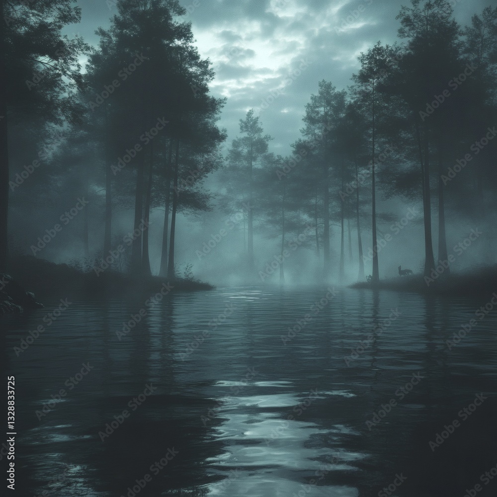 Fototapeta premium a mysterious and atmospheric scene of a forest and lake shrouded in mist. The trees stand tall and the water reflects the eerie, dim light above