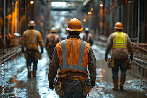 Wallpaper Mural Construction workers in muddy industrial site, focused teamwork Torontodigital.ca