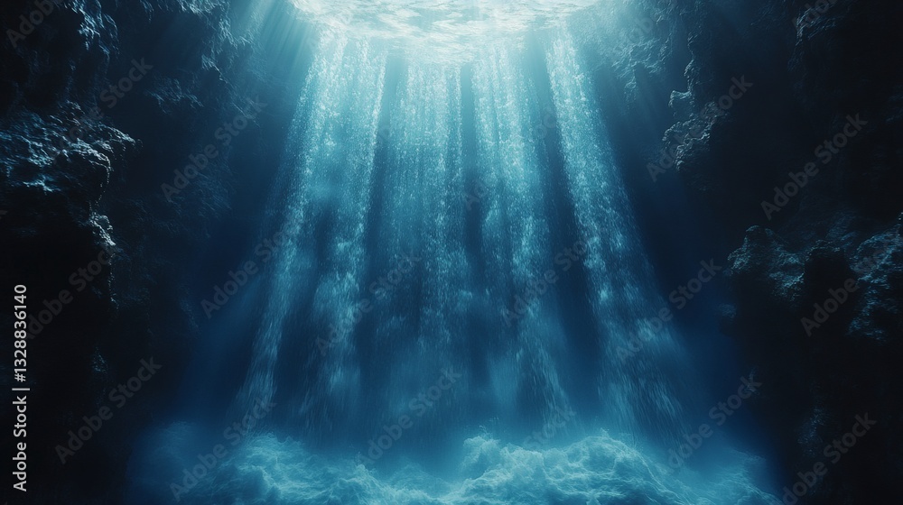 Obraz premium sunlight streams through the water, illuminating the underwater cave and its mysterious depths