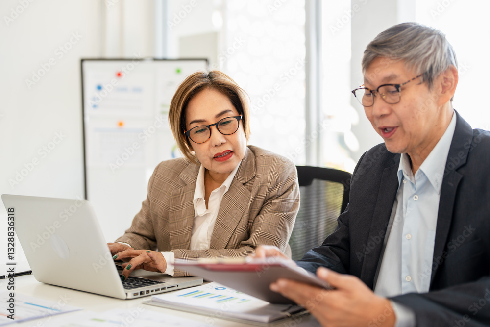 Fototapeta premium People, clipboard , tablet laptop and paperwork in office for planning, problem solving or budget meeting. Teamwork looking in paper for opinion, review feedback brainstorming productivity at paper