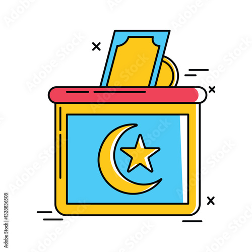 This illustration of a charity box with money represents Zakat and Sadaqah, which are essential acts of giving in Islam, especially during Eid al-Fitr.