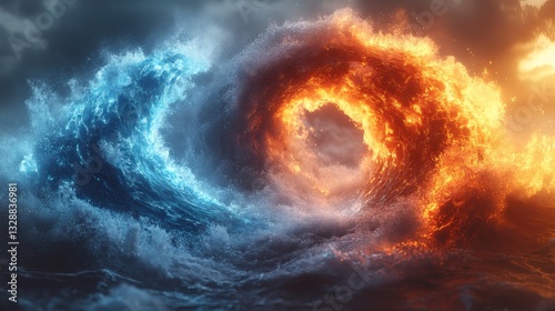 a breathtaking image of a clash of elements, with fire and water colliding in a dynamic swirl. The fire is a vibrant orange, while the water is a deep blue, creating a stunning contrast