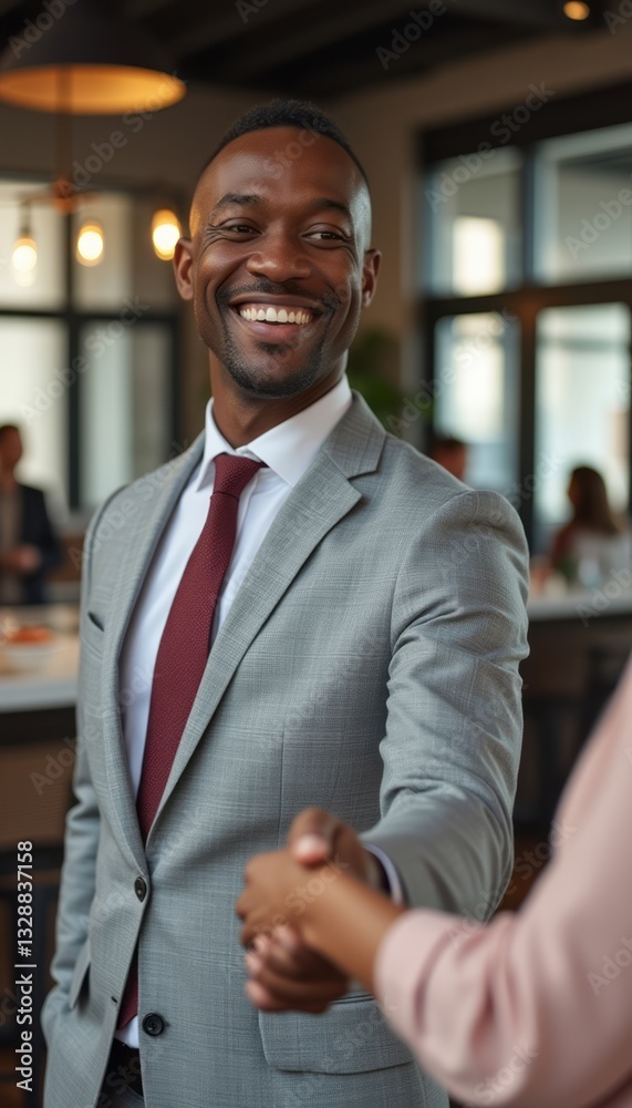 A well-dressed Black man in a gray suit and red tie is smiling broadly while shaking hands in a modern office setting. The atmosphere is professional yet inviting, highlighting a moment of connection A well-dressed Black man in a gray suit and red tie is smiling broadly while shaking hands in a modern office setting. The atmosphere is professional yet inviting, highlighting a moment of connection
