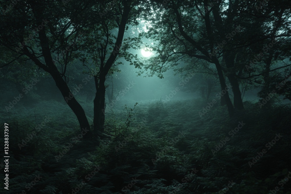 Naklejka premium Misty forest at dawn with fog creating an ethereal atmosphere and silhouettes of trees in serene surroundings