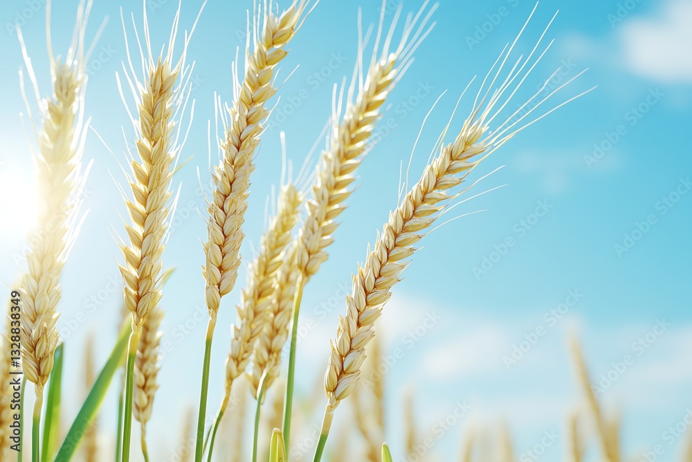 Golden Wheat Field Against Blue Sky in Summertime Agriculture Scene Golden Wheat Field Against Blue Sky in Summertime Agriculture Scene
