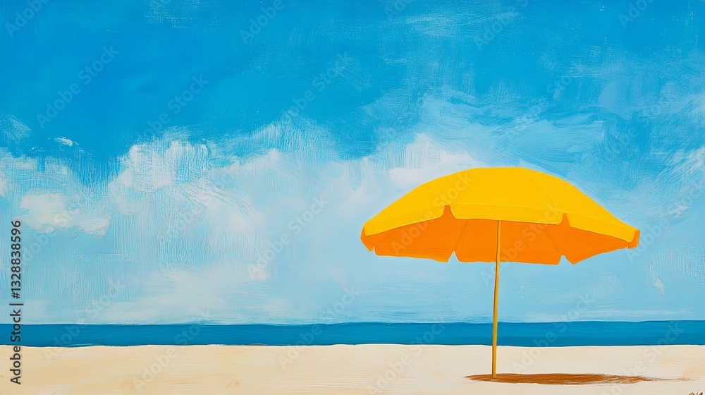 A bright yellow beach umbrella with clean lines set against a blue sky. digital A bright yellow beach umbrella with clean lines set against a blue sky. digital