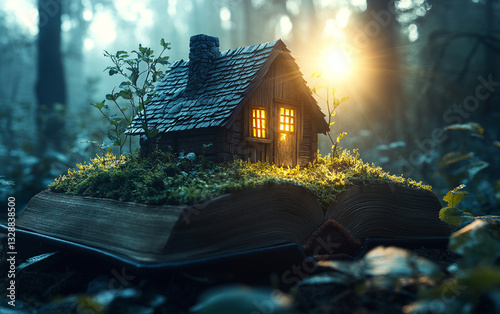 an open book with an island in the shape of green grass and trees on it, inside which there is a small wooden house