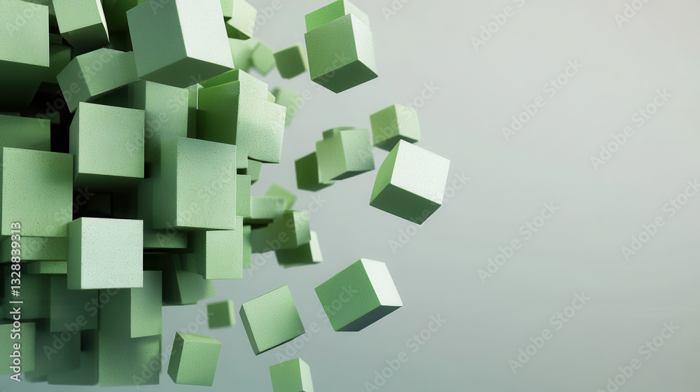 3D blocks in different shades of green floating on a grey background 3D blocks in different shades of green floating on a grey background