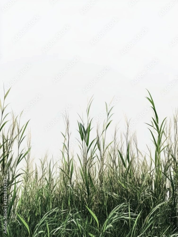 Naklejka premium A scenic view of a field of tall grass against a bright white sky, ideal for landscape or nature-themed projects