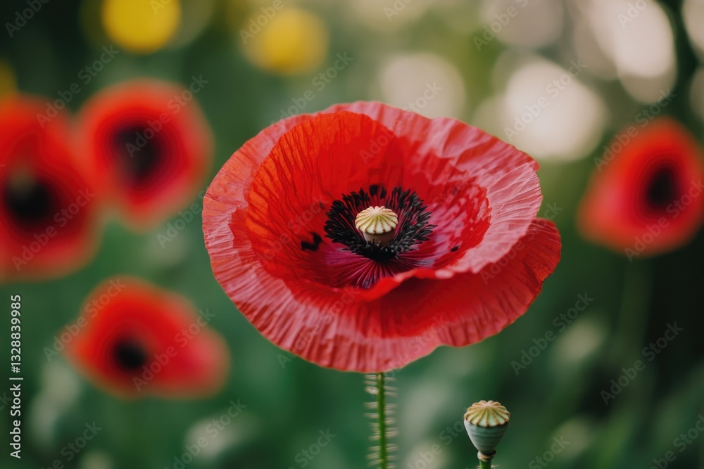 Obraz premium A close-up shot of a bright red flower growing in a lush green field