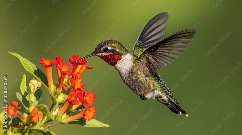 Naklejka premium Stunning Hummingbird Feeding on Bright Orange Flower in Nature