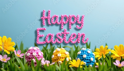 Obraz na płótnie Happy Easter Crochet Letters, Eggs, Flowers, Spring w salonie