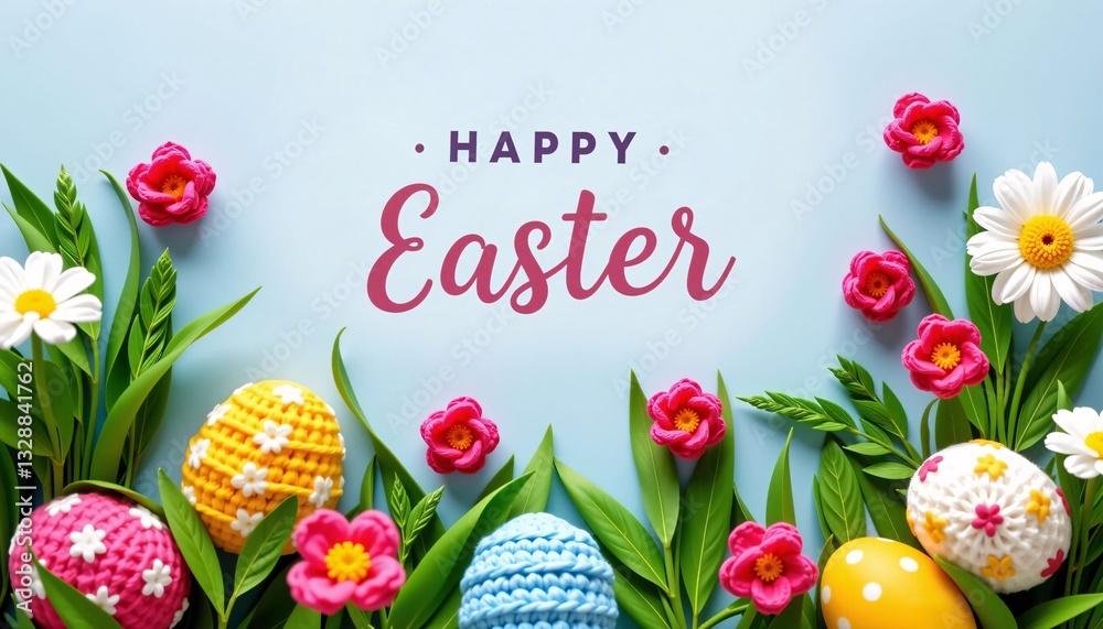 Happy Easter Crochet Eggs, Flowers, Spring Holiday