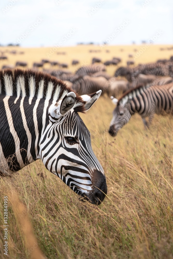Fototapeta premium A group of zebras stand together on a green grassy field, perfect for use in illustrations about wildlife, nature or Africa