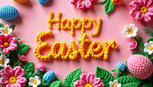 Obraz na płótnie Happy Easter Crochet Letters, Eggs, Flowers, Pink w salonie