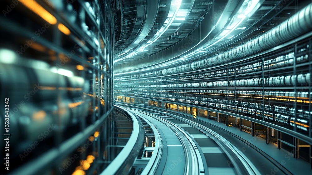 Fototapeta premium Futuristic storage facility. Innovative storage solutions. Multi-level warehouse shelves filled with products. Storage divided into virtual sections. People-free futuristic warehouse. Logistics hub 