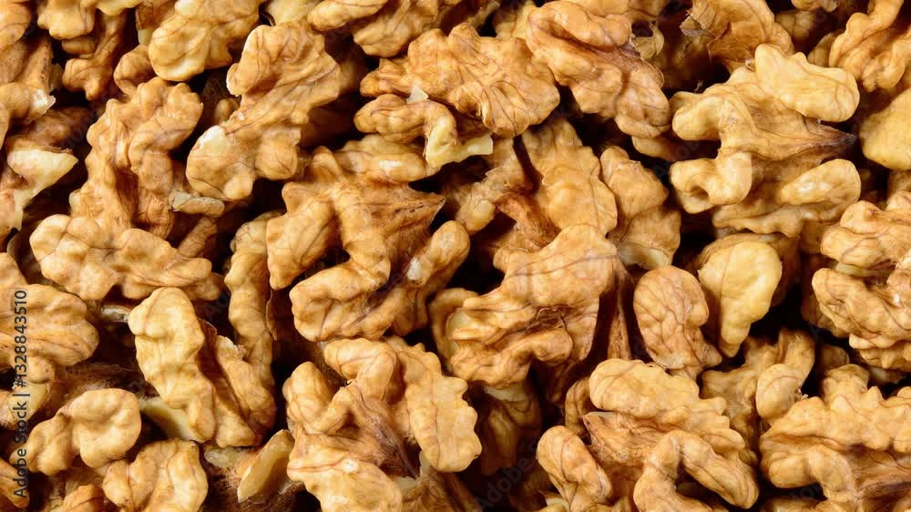 Walnut top view 4K video. Walnuts top view background. Walnut kernels macro slide video. Walnut top view 4K video. Walnuts top view background. Walnut kernels macro slide video.