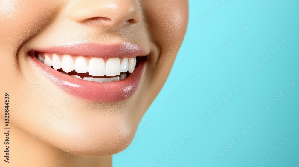 Minimalist Beauty Concept of a Soft Focus Close-Up Smile with Radiant Teeth Against Blue Background