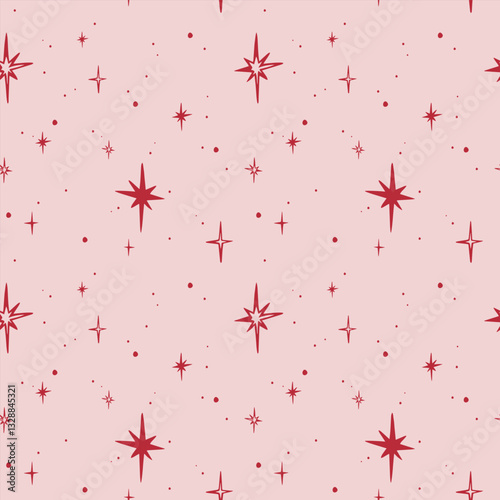 Red stars, large and small on pink background. Seamless pattern EPS vector hand drawn for festive packaging paper, textile, wrapping, fabric, design, winter holiday and scrapbooking. Outline sketch.