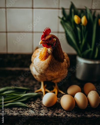 Brown Hen with Fresh Eggs Kitchen Setting Rustic farm food bird life rural green still
