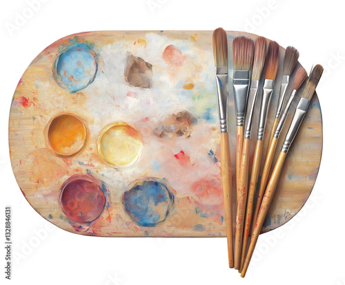Painter's Palette with Brushes – A Wooden Artist's Palette with Brushes, Isolated on White Background