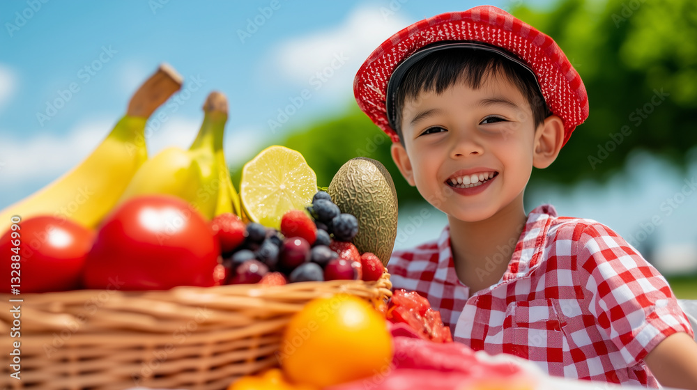 Happy Boy Enjoying Fresh Fruits and Vegetables Outdoors Happy Boy Enjoying Fresh Fruits and Vegetables Outdoors