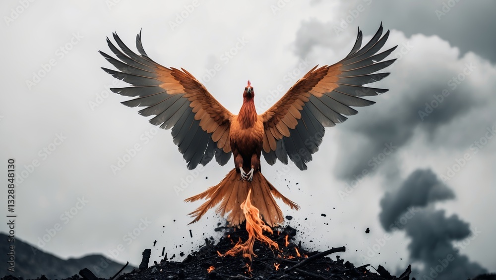 Obraz premium Majestic phoenix rising from flames against a stormy sky with dramatic clouds