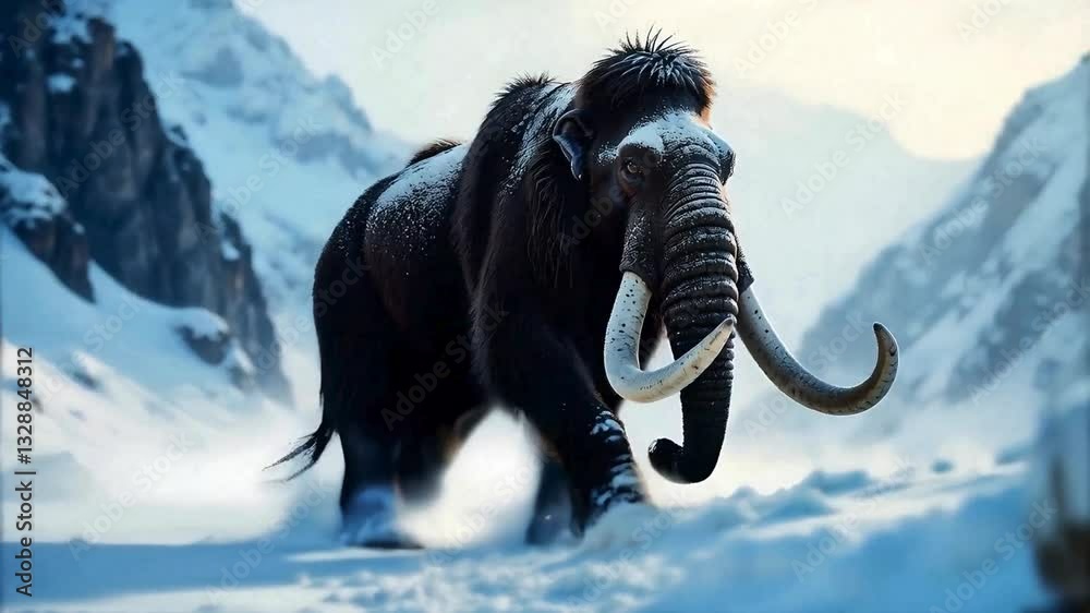 Highly detailed image of a colossal woolly mammoth trudging through a brutal snowstorm in a remote, frozen tundra. 