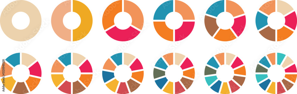 Circle section graph. Pie charts diagrams. Pie chart set. Different color circles isolated. Infographic element round shape. Vector. Pie chart divided 1,2,3,4,5,6,7,8,9,10,11,12 equal parts. Circle section graph. Pie charts diagrams. Pie chart set. Different color circles isolated. Infographic element round shape. Vector. Pie chart divided 1,2,3,4,5,6,7,8,9,10,11,12 equal parts.