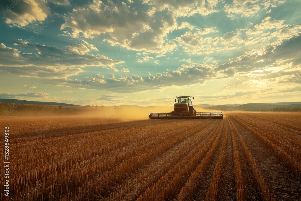Fototapeta premium Agricultural equipment working in the late evening sun