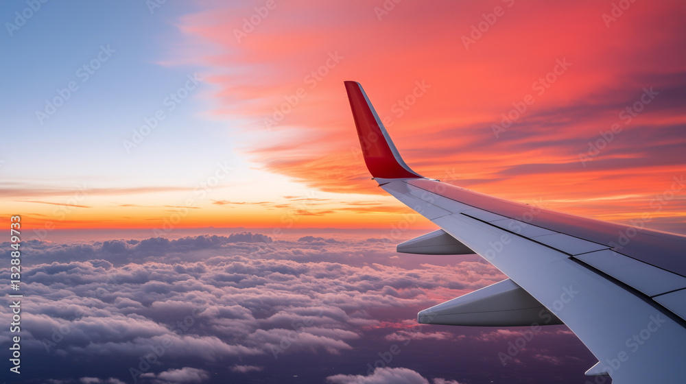 Airplane Wing Over Sunset Cloudscape Aerial View from Airplane Window Airplane Wing Over Sunset Cloudscape Aerial View from Airplane Window