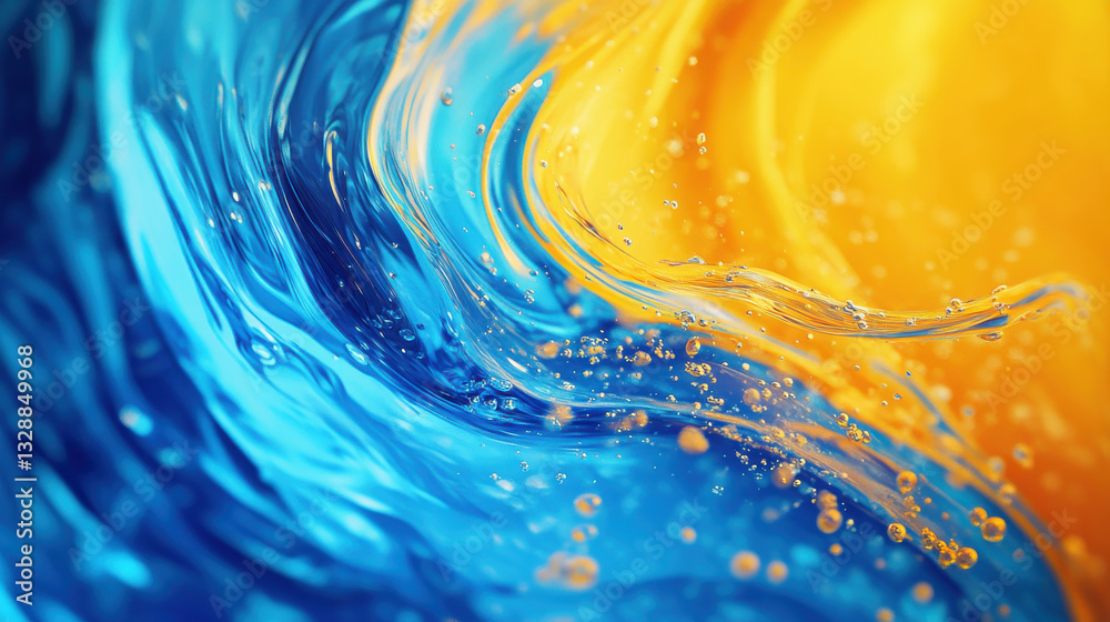 Fototapeta premium Bold blue and yellow liquids merge and swirl together, creating dynamic patterns filled with bubbles. The interplay of colors showcases fluid movement and texture, evoking a sense of energy