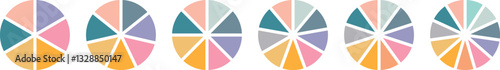 Pie chart set. Pie charts diagrams. Different color circles isolated. Circle section graph. Infographic element round shape. Vector. Pie chart divided 1,2,3,4,5,6,7,8,9,10,11,12 equal parts.
