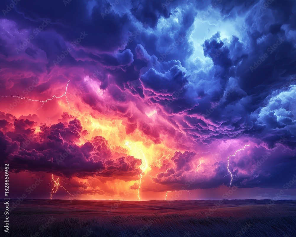 Naklejka premium Dramatic Thunderstorm with Vibrant Clouds and Striking Lightning