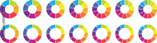 Pie chart color icons. Circle section graph. 1,2,3,4,5 segment infographic. Wheel round diagram part symbol. Vector illustration. Wheel division into fractions, sectors. Segment slice sign.