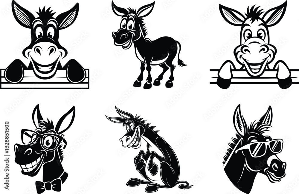 Obraz premium Donkey black silhouette clipart SVG bundle design isolated on a white background, Donkey vector illustration, Donkey vector icon set