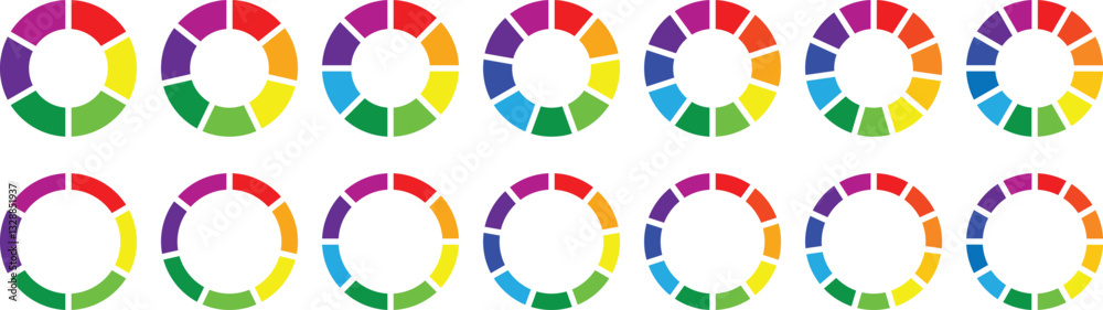 Obraz premium Pie chart set. Colorful diagram collection with 2,3,4,5,6,7,8,9,10,11,12 sections or steps. Circle icons for Infographic wheel segment and fraction. Circle section graph. Vector illustration