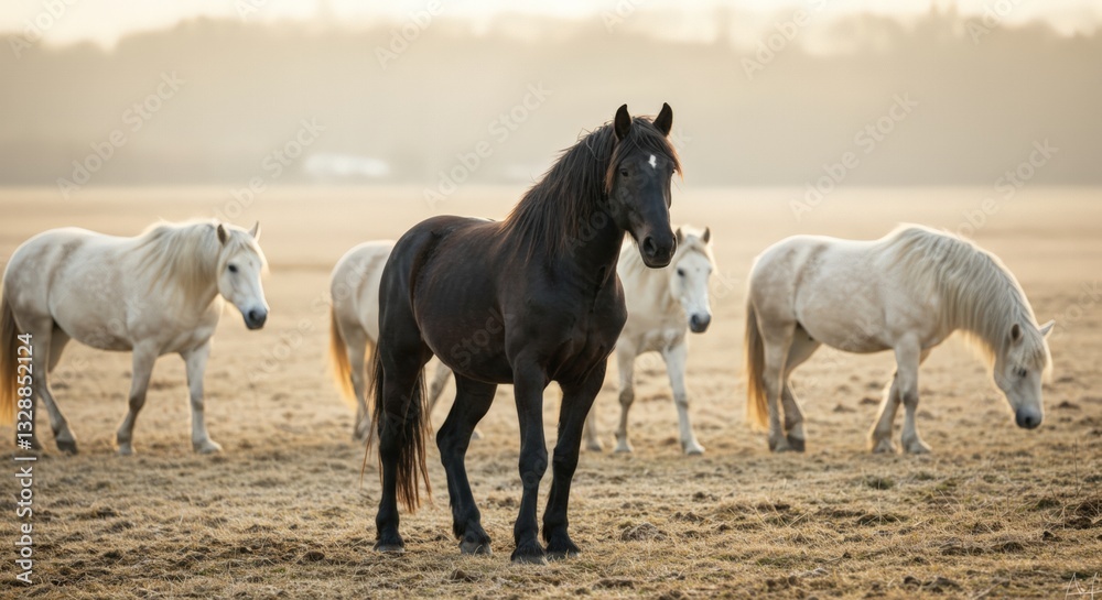 Fototapeta premium A black horse stands in a field surrounded by white horses