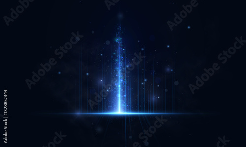 Technological light effect. Vertical blue lines with glowing light effect and bright shine of small particles on dark blue background.
