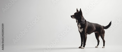A black and white dog stands proudly on a white surface