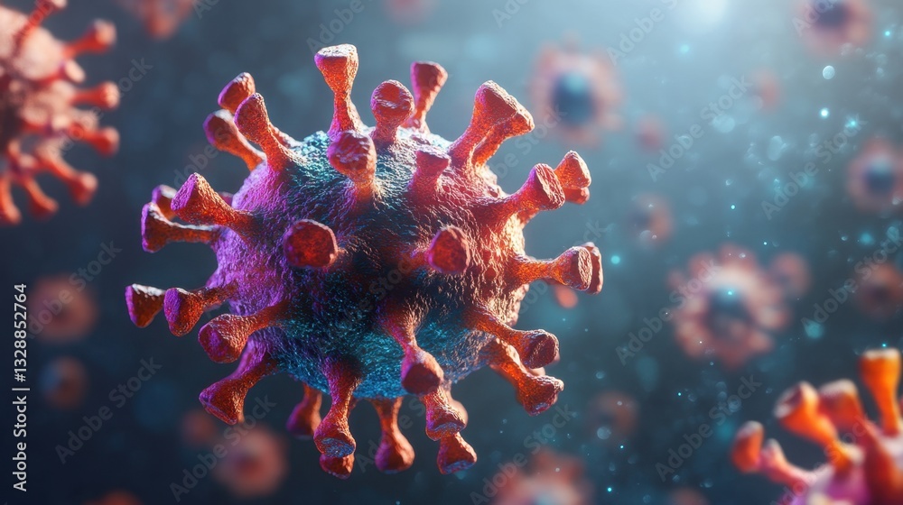 hyper-realistic 3D microscopic image of the coronavirus, vibrant colors filling the entire frame, ultra-detailed texture, set against a gray background with an uneven luminescent texture hyper-realistic 3D microscopic image of the coronavirus, vibrant colors filling the entire frame, ultra-detailed texture, set against a gray background with an uneven luminescent texture