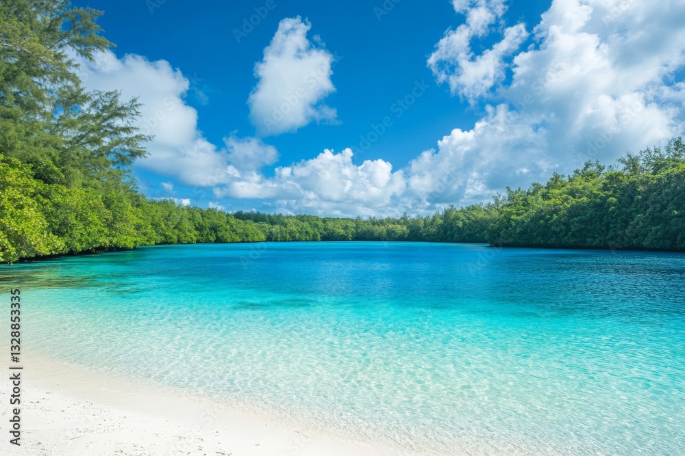 Fototapeta premium Crystal clear blue water meets white sandy beach at a tropical lagoon in a serene natural setting