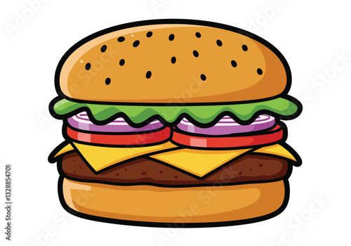 Good-burger-clipart. This image shows a colorful and appetizing burger with lettuce, onions, tomatoes, cheese, and a beef patty. Vector illustration design.