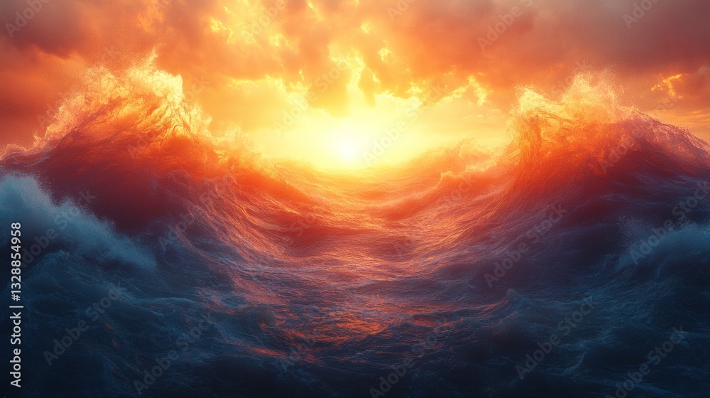 Fototapeta premium dramatic capture of ocean waves crashing during sunset with the sun peering through