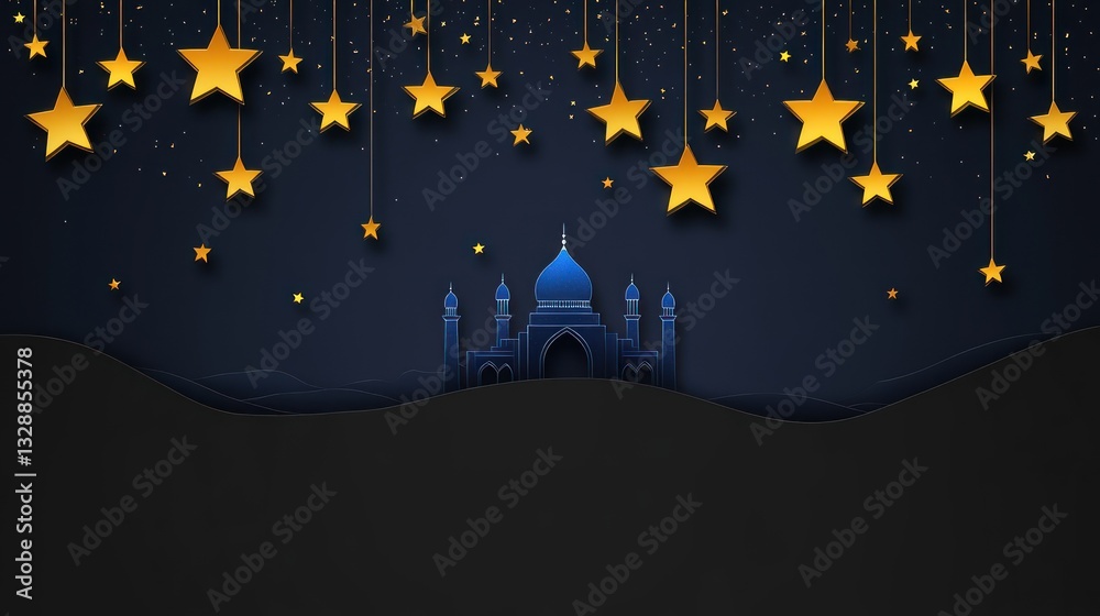 Fototapeta premium Golden Stars Hanging Above a Mosque Silhouette Against a Dark Background