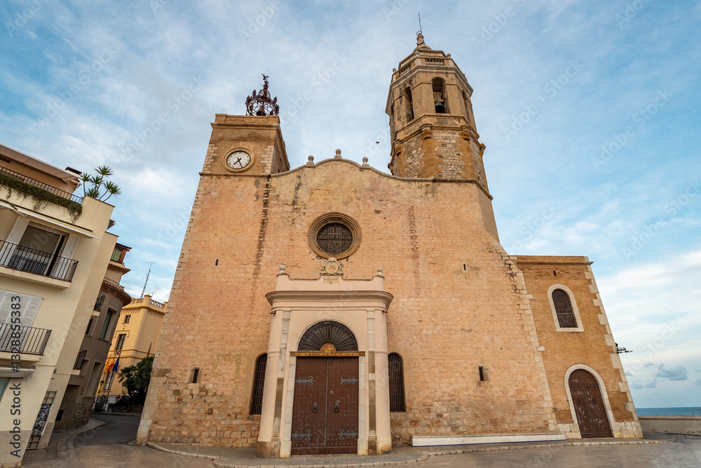 Close-up of the historic church facade in Sitges, Spain Close-up of the historic church facade in Sitges, Spain